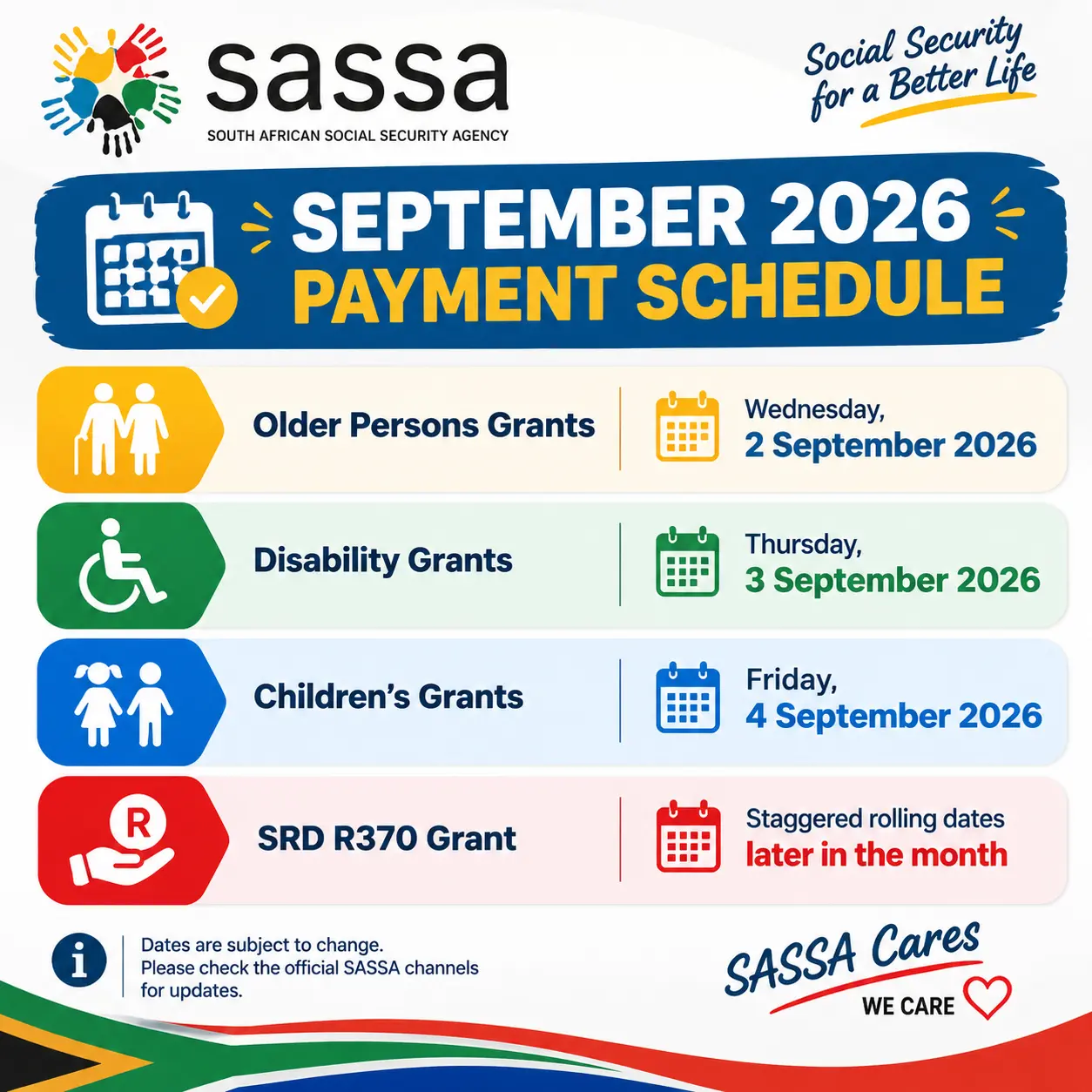 SASSA Payment Dates September 2026
